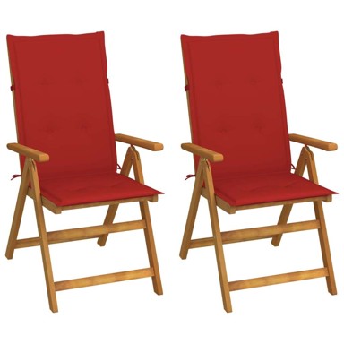 Nagibne vrtne stolice s jastucima 2 kom, masivno bagremovo drvo, 120x50x3 cm, crvena