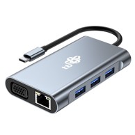 USB-C hub adapter 8u1 (HDMIx2, USB, VGA, RJ45, PD), siva