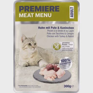 PREMIERE Hrana za mačke CAT MEAT MENU ADULT, perad i zečetina, 300 g