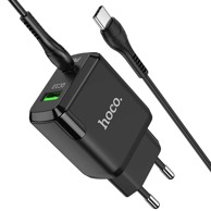 HOCO Zidni punjač, USB-A + USB Type C, QC3.0, PD, 20W, s Type C na Type C kabelom (1m), crni