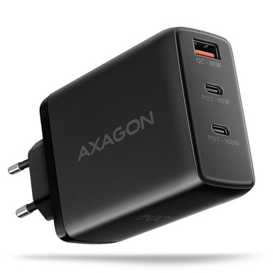 AXAGON Zidni punjač ACU-DPQ100, crni, GaN, 3x port (USB + dual USB-C), 100W
