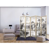Japanski paravan Black and White Vintage Landscape - retro prikaz jezera s čamcem 225 x 172