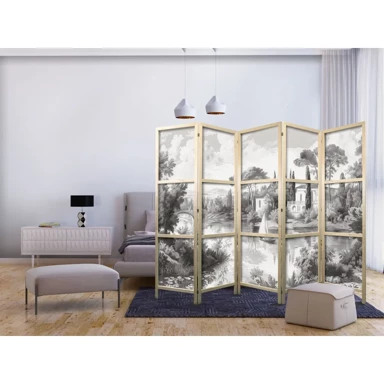 Japanski paravan Crno-bijeli vintage krajolik, retro prizor ribnjaka s čamcem, 225x172 cm
