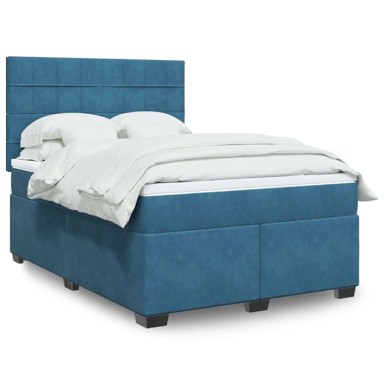 Box Spring krevet s madracem, plavi, 160 x 200 cm, baršun, blok s kvadratima