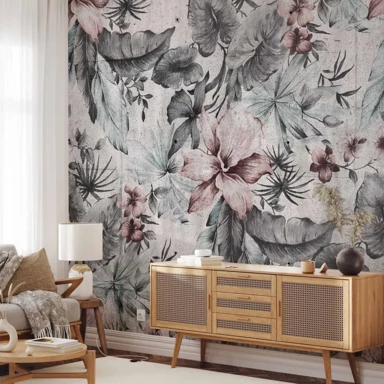 Foto tapeta Priroda u retro stilu, prizor s lišćem i cvijećem u sivim tonovima, 400x280 cm