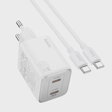 HOCO Zidni punjač N42, 2x Type C + Type C na Type C kabel, PD QC, 45W, GaN, bijeli