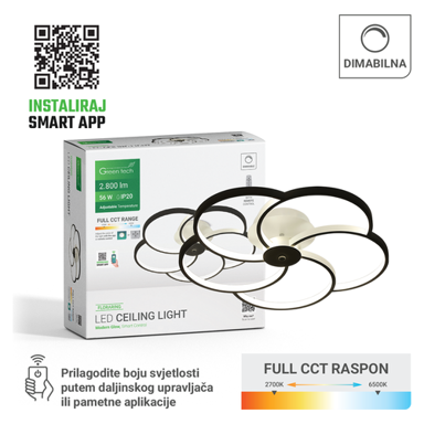 GREEN TECH Smart LED stropna svjetiljka FLORARING 56 W, crna