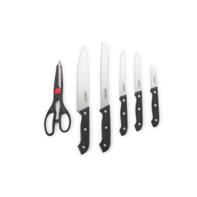 Set noževa u drvenom stalku, 5 noževa + škare