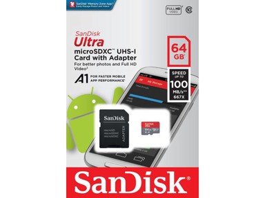 SANDISK Memorijska kartica Ultra MicroSD, 64GB, UHS-I, Class 10, A1, s adapterom