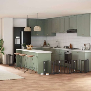 Vrata za pse s vratašcima 9 panela sklopiva 450 cm drvo topole 50 x 60 x 2 cm, crna