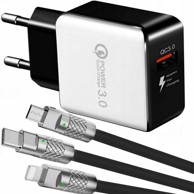 Brzi mrežni punjač QC 3.0 s pancirnim kabelom 3 u 1 za iPhone Micro USB i USB-C, bijela
