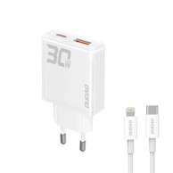 DUDAO Punjač A30EUL, GaN, USB/USB-C, 30W, s USB-C/Lightning kabelom, bijeli