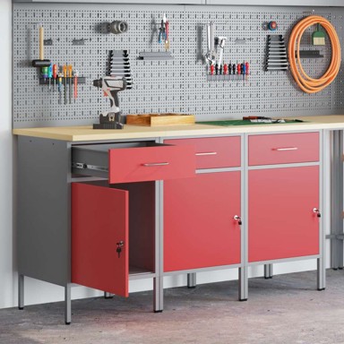 Radna komoda, 3 kom, konstruirano drvo i čelik, crvena i siva