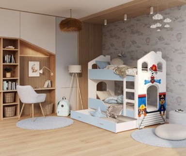 Drveni dječji krevet na kat Dominik Domek Paw Patrol, 190x80 cm, PE madrac 8 cm, plavi