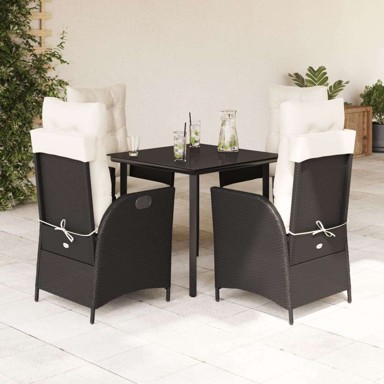 5-dijelni vrtni blagovaonski set s jastucima od poli-ratana, dužina stola 80 cm, okrugla noga, crni