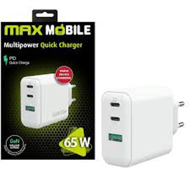 MAXMOBILE Kućni punjač PD Super Fast Charge Duo, 2x USB-C/USB-A, GaN, 65W
