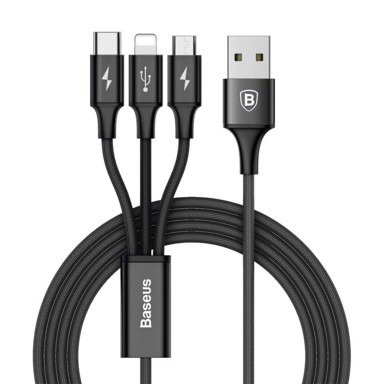 BASEUS Kabel Rapid 3u1, Micro USB, Lightning, USB-C, 3A, 1,2 m, crni