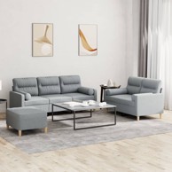 Set sofa 3-dijelni, s jastucima, od tkanine, svjetlosivi