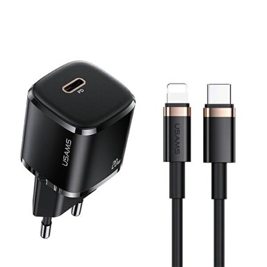 USAMS Punjač 1xUSB-C T36 mini 20W + USB-C-Lightning kabel crno/crni PD3.0 brzo punjenje XFKXLOGTL01 (US- +US- )