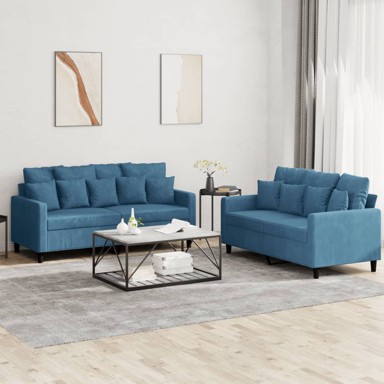 2-dijelni set sofa s jastucima plavi baršunasti