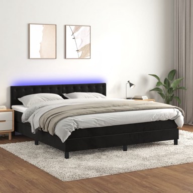Krevet box spring s madracem LED crni 180x200 cm baršun
