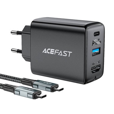 ACEFAST GaN punjač 2-u-1 A17, 65 W, USB-C/USB-A, HDMI 4K 60 Hz, s kabelom, crni