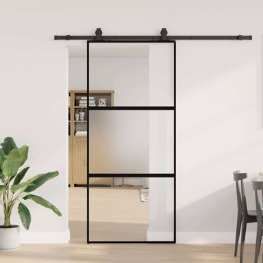 Klizna vrata s priborom od kaljenog stakla mat i prozirna 90x205 cm crna