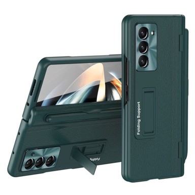 Kožna futrola za Samsung Galaxy Z Fold5 5G, futrola s postoljem, sa stalkom i staklom, zelena