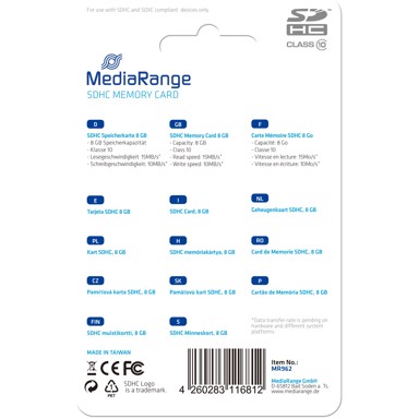 MEDIARANGE Memorijska kartica SDHC 8GB Class 10, crna