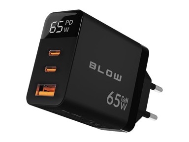 BLOW Mrežni punjač GaN, 1 x USB-A, 2 x USB-C, 65 W, crna