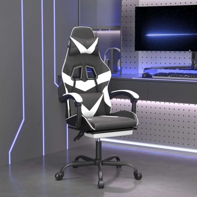 Okretna gaming stolica s osloncem, umjetna koža, crno-bijelo, 1 komad