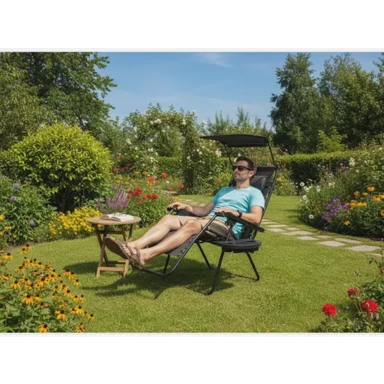 GARDEN LINE Sklopiva vrtna ležaljka s jastukom i suncobranom, crna
