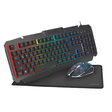LOGILINK Gaming set ID0185, tipkovnica, miš i podloga za miš, žični, DE raspored, crna