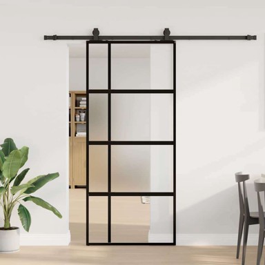Klizna vrata s priborom crna 90 x 205 cm kaljeno staklo mat i prozirno mreža
