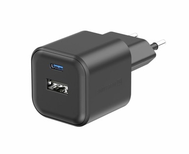 SWISSTEN Kućni punjač GaN, USB-C + USB-A, crni