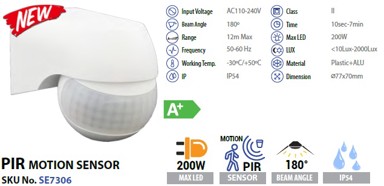 PIR senzor pokreta IP54, 180°