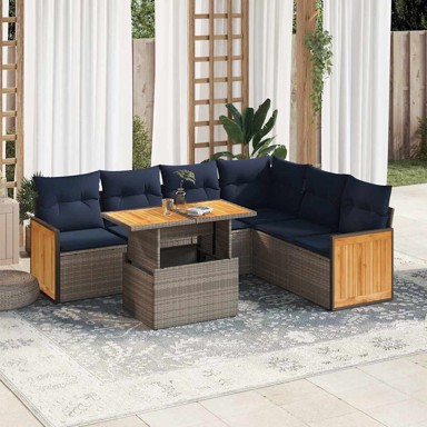 7-dijelni set vrtnih sofa, poliratan i bagrem, s jastucima, sivi