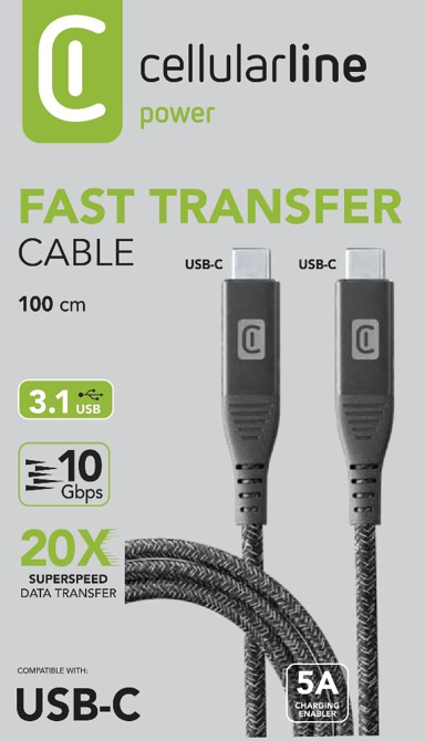 CELLULARLINE Kabel, USB-C na USB-C, 5A, 3.1, TAB, 1m, crni