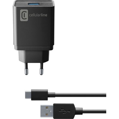 CELLULARLINE Punjač 12W, 1xUSB-C, USB-A/ USB-C kabel crni