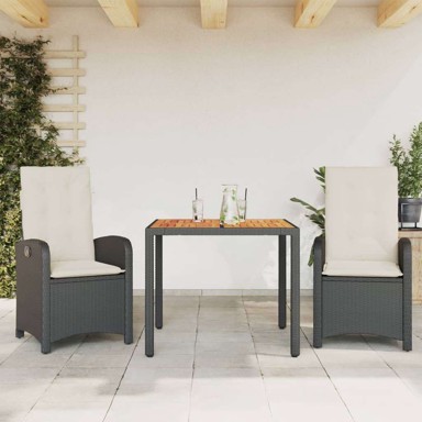 3-dijelni vrtni blagovaonski set s jastucima, poli-ratan, dužina stola 90 cm, crno-krem