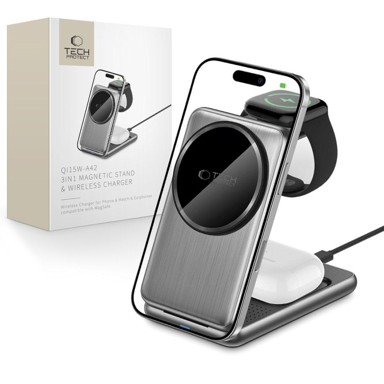 TECH-PROTECT Punjač bežični A42 MagSafe 3u1 za telefon, Apple Watch i AirPods, sivi