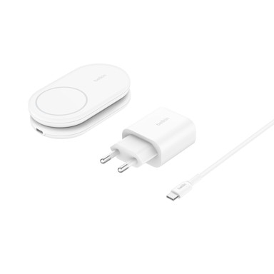 BELKIN Bežični punjač BOOSTCHARGE 15W 2u1 s USB-C izlazom, bijeli
