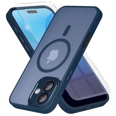 Stražnja maskica za Apple iPhone 16 Plus, matt futrola, MagSafe, mat, tamnoplava + zaštitno staklo za ekran