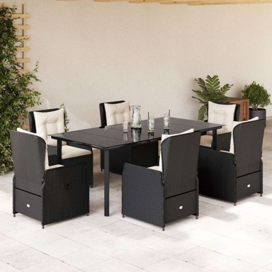 7 dijelni vrtni blagovaonski set s jastucima crni od poliratana, 200 x 100 x 74 cm