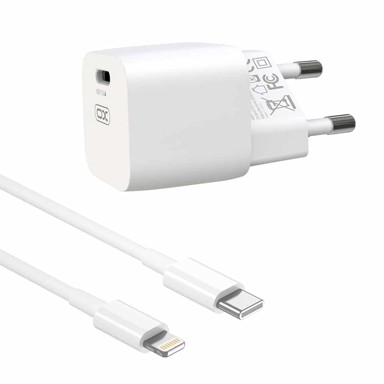 XO Zidni punjač CE01B, PD, 20W, 1x USB-C, bijeli, s USB-C na Lightning kabelom