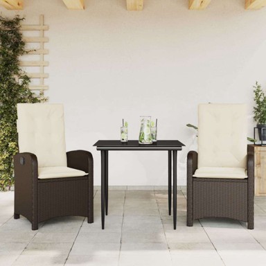 3-dijelni vrtni blagovaonski set s jastucima, poli-ratan, dužina stola 80 cm, bez naslona za noge, smeđi