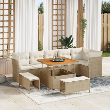 9-dijelni vrtni sofa set s jastučićima, poli-ratan akacija, bež