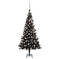 Božićno drvce umjetno, osvijetljeno s kuglicama, crno 150 cm, PVC, rose gold kuglice