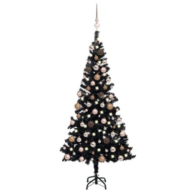 Božićno drvce umjetno, osvijetljeno s kuglicama, crno 150 cm, PVC, rose gold kuglice