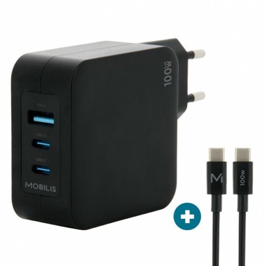 MOBILIS Punjač, 100W, 2xUSB-C, 1xUSB-A, GaN, crni